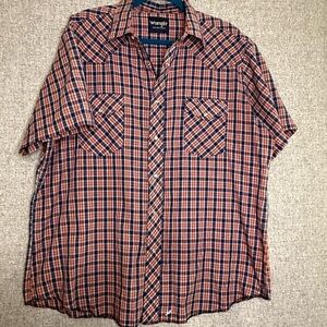 Vintage Wrangler Western Orange/Red/Navy Plaid Short Slv Shirt Pearl Snap XL/XXL